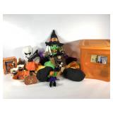 Halloween decor group, orange storage tote full
