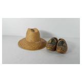 Wooden Dutch clogs and straw sun hat marked