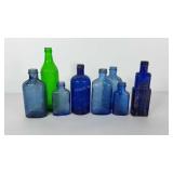 Bottle collection, green and cobalt blue bottles,