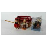 Wooden miniature wagon and three figurines, wagon