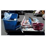 Large tote filled with glassware, dishes, cigar