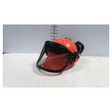 Mowing hard hat with attached face shield and ear