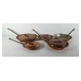 Hammered copper and brass pans and lids, 7.5"-12"