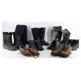 Group of shoes, rubber boots, hiking shoes,
