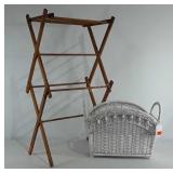 Household items, wicker magazine rack and folding