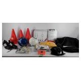 Soccer coaching equipment, cones, shoe weights,