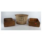 One bushel apple basket and two wooden crates,
