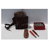 Tools, leather tool belt, 1.5" screws, and Klein