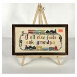 Grandpa and train needlework wall hanging, cross