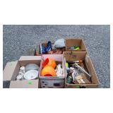 Skid lot, tool box, china dinnerware, shoes,