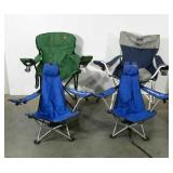 Four folding camp style chairs. One with bag.