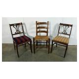 Three chairs, one rush seat, two upholstered