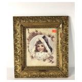 Early wood and plaster frame with print, 17x19,
