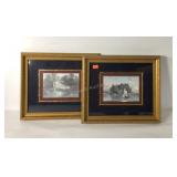 Two colorized engraving prints, matching custom