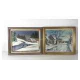 Paintings on canvas, winter harbor town scene,