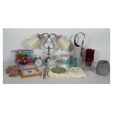 Mixed lot: lamp, clocks, candles, coasters,