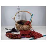 12.5" basket with knitting needles and knitting