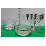 Silver plated candelabra and two 8.5" glass