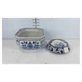 Handpainted blue ceramic ashtray and 8.5" planter