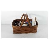 Basket of sewing supplies, includes fabric