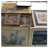 Large wall art group, nine framed pictures,