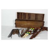 Croquet game pieces. 5 mallets (2 are damaged), 8