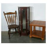 Three piece group. Single wooden chair,
