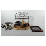 Home decor, includes spice rack, telephone, tray,