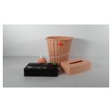 Bathroom items, includes wicker waste basket-