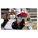 Skid lot, cake pans, Black & Decker drill, party