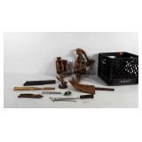 Tools, pulleys, plow point, hook, and more