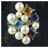 Sterling Silver Pearl & Multi-Stone Ring, size