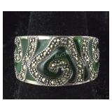 Sterling Silver Marcasite & Green Glass Wide