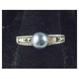 Sterling Silver Black Pearl & Marcasite Ring