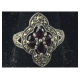 Sterling Silver Vintage Garnet & Marcasite Ring,
