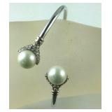 Sterling Silver Open Loop Pearl & CZ Bangle