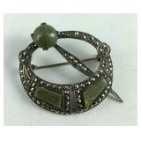 Sterling Silver Vintage Jade & Marcasite Pin,