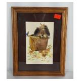 Original water color painting of puppy in basket,