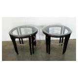 Two accent tables, glass top, wood and metal
