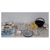 Glassware, mugs, tea cups and saucers, basket,