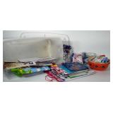 Large storage tote with lid, full of gift bags
