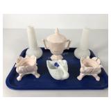 Milk glass group, pink bird candleholders, fruit