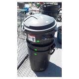 Three 20 gallon Trash Cans, has three lids but