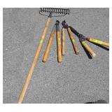 Tools, garden rake, 2 Tree limb Loppers, Clippers