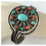 Sterling silver coral and turquoise bracelet 46g