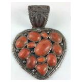 Sterling silver heart and coral pendant 63g