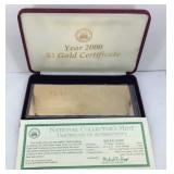 Year 2000 $2 gold certificate with COA