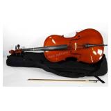 Cello with bow and case, head has crack