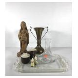 Wooden Madonna and child statue, cream & sugar,
