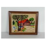 1970s crewel of covered bridge in 12x15 wooden